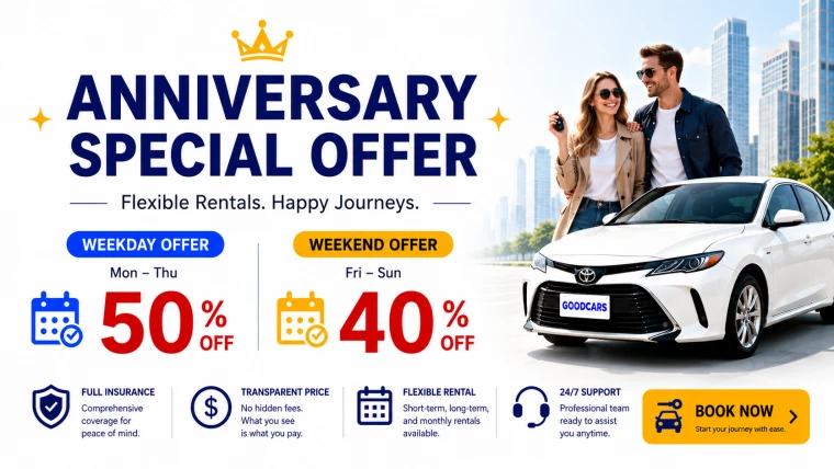 about Anniversary Sale — Car Rentals from 50% Off, Limited Time Only